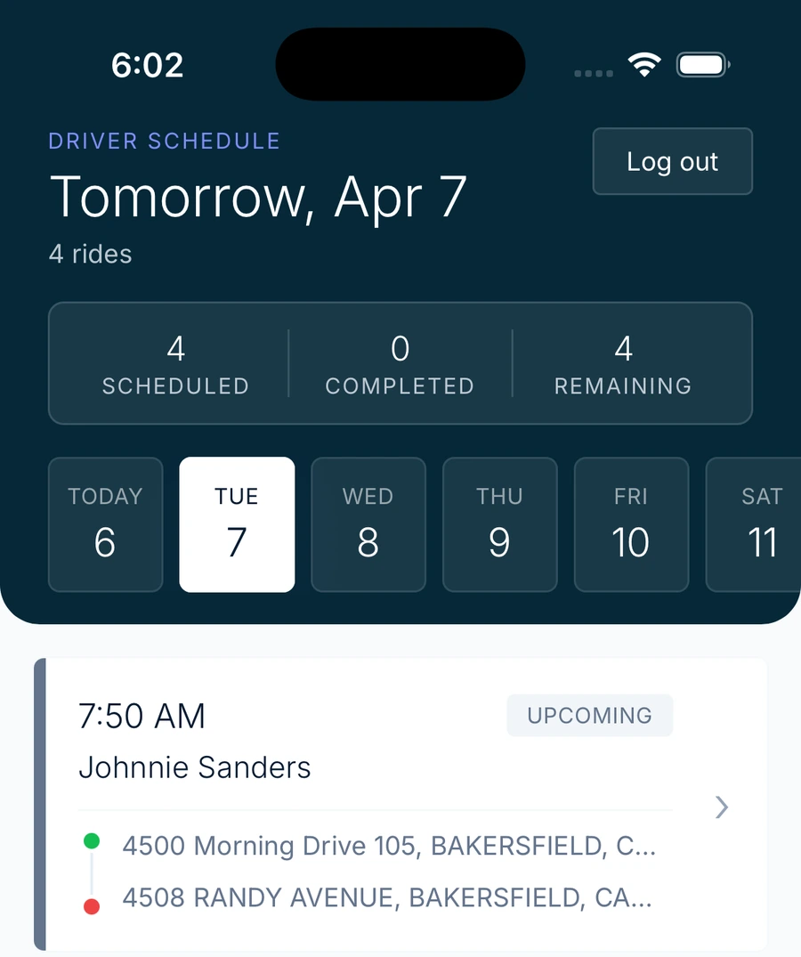 Skipper driver app showing tomorrow's schedule: four rides, the first a 7:50 AM pickup