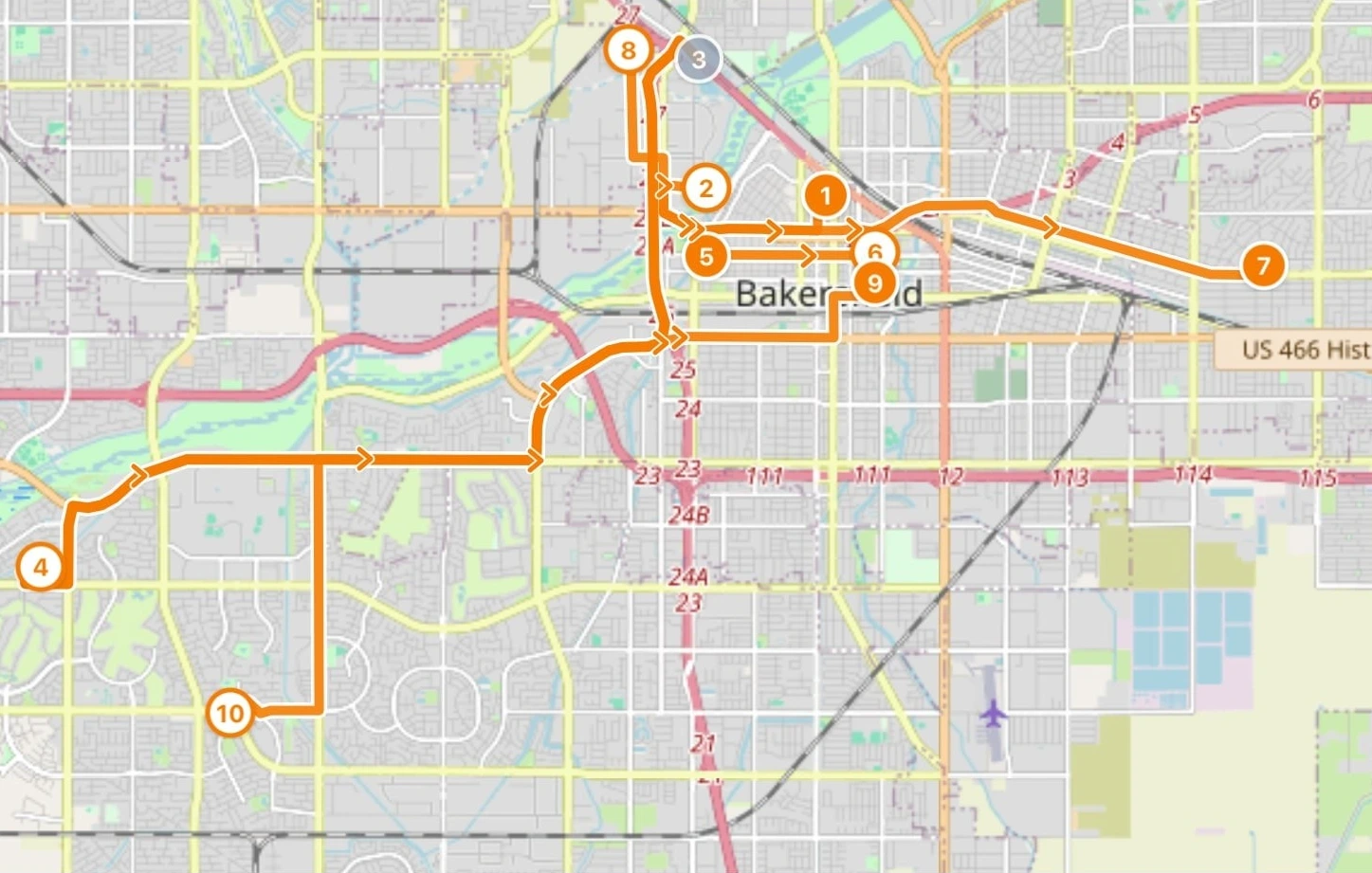 One driver's optimized route across Bakersfield, with numbered pickup and drop-off stops